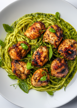 roasted chicken over pesto pasta