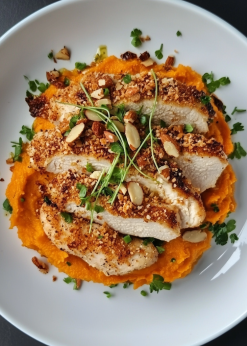 almond chicken with sweet potato puree