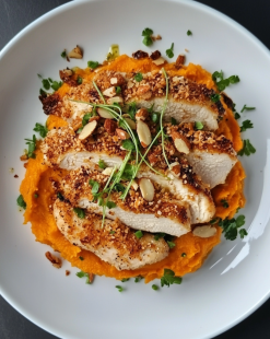 almond chicken with sweet potato puree