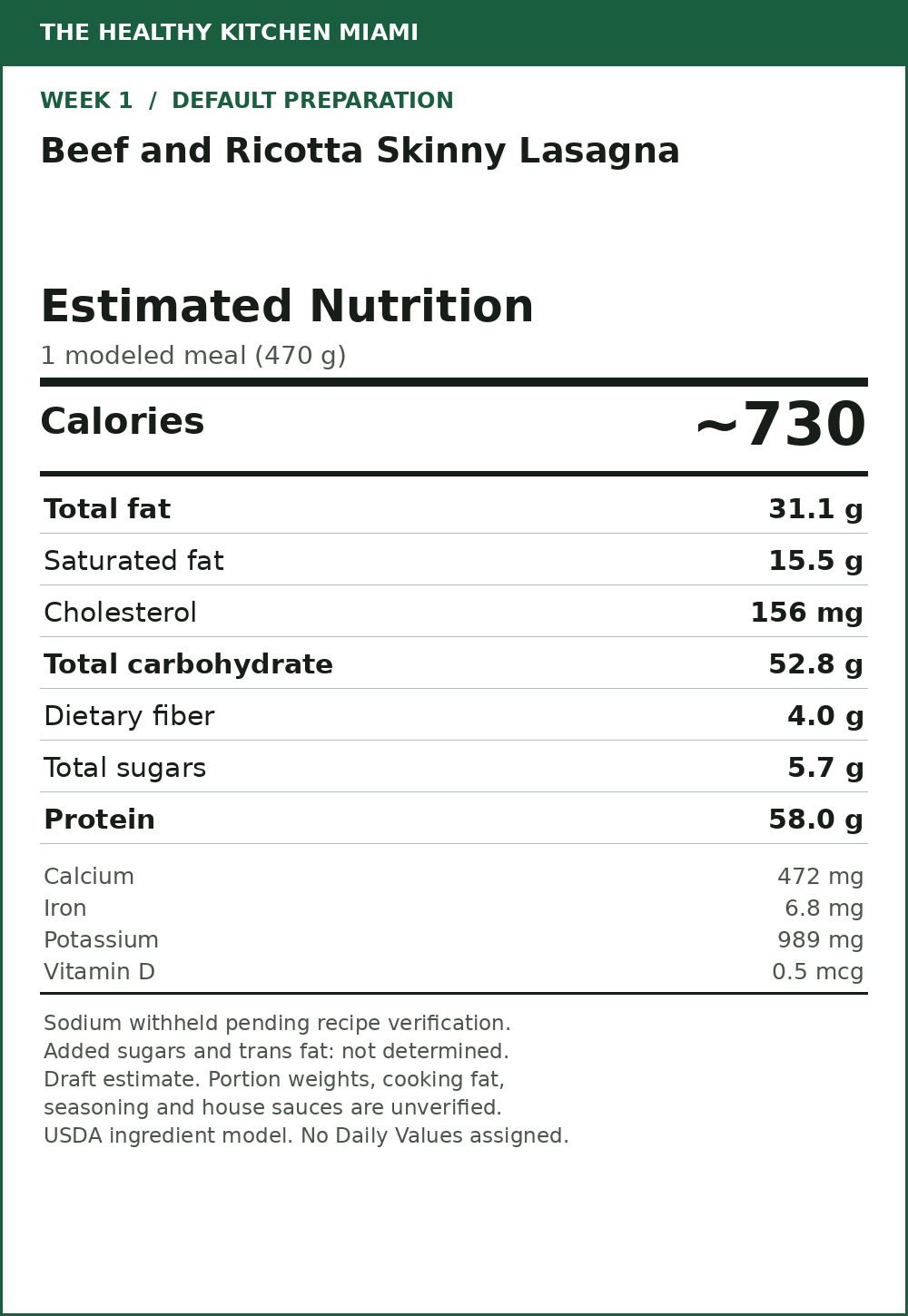 Beef and Ricotta Skinny Lasagna — estimated nutrition card