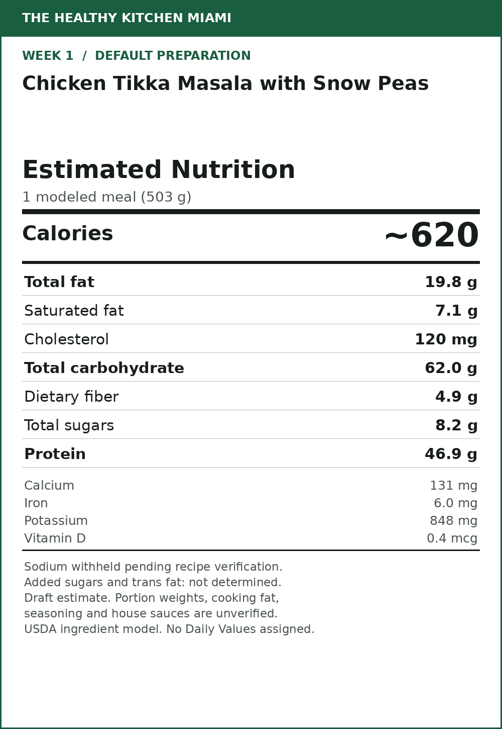 Chicken Tikka Masala with Snow Peas — estimated nutrition card