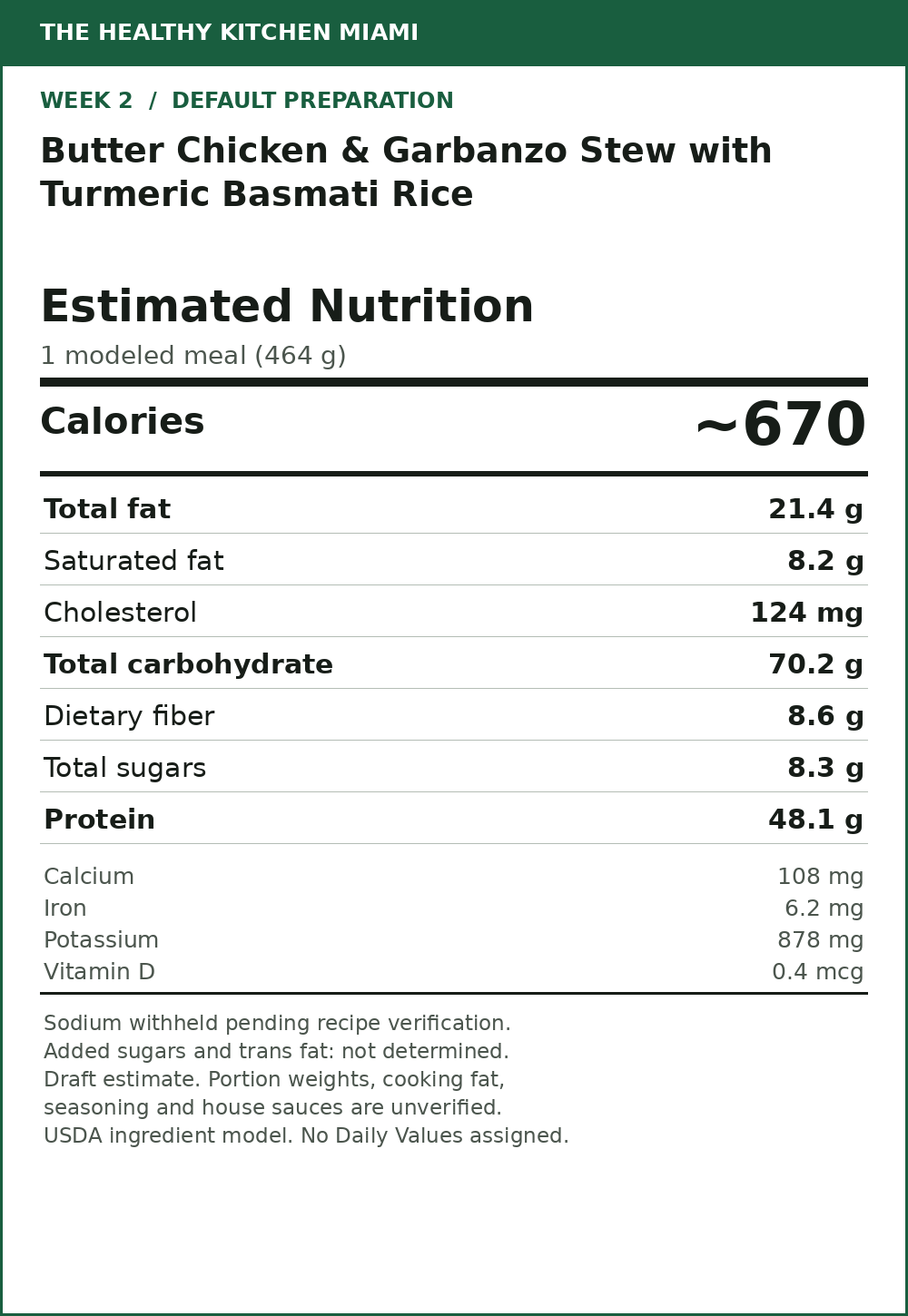 Butter Chicken & Garbanzo Stew with Turmeric Basmati Rice — estimated nutrition card