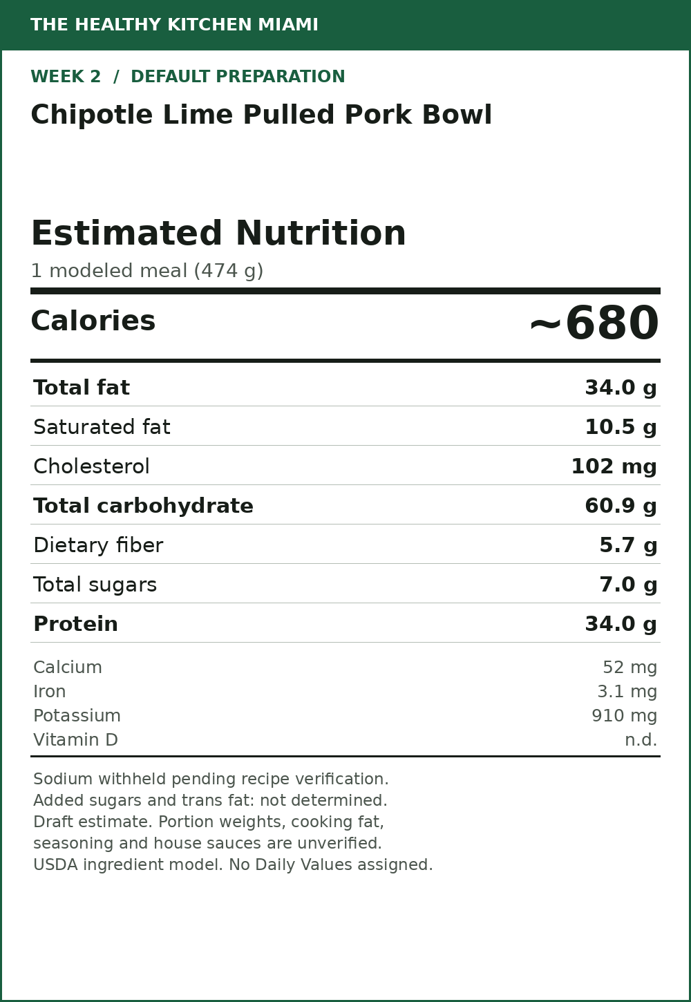 Chipotle Lime Pulled Pork Bowl — estimated nutrition card
