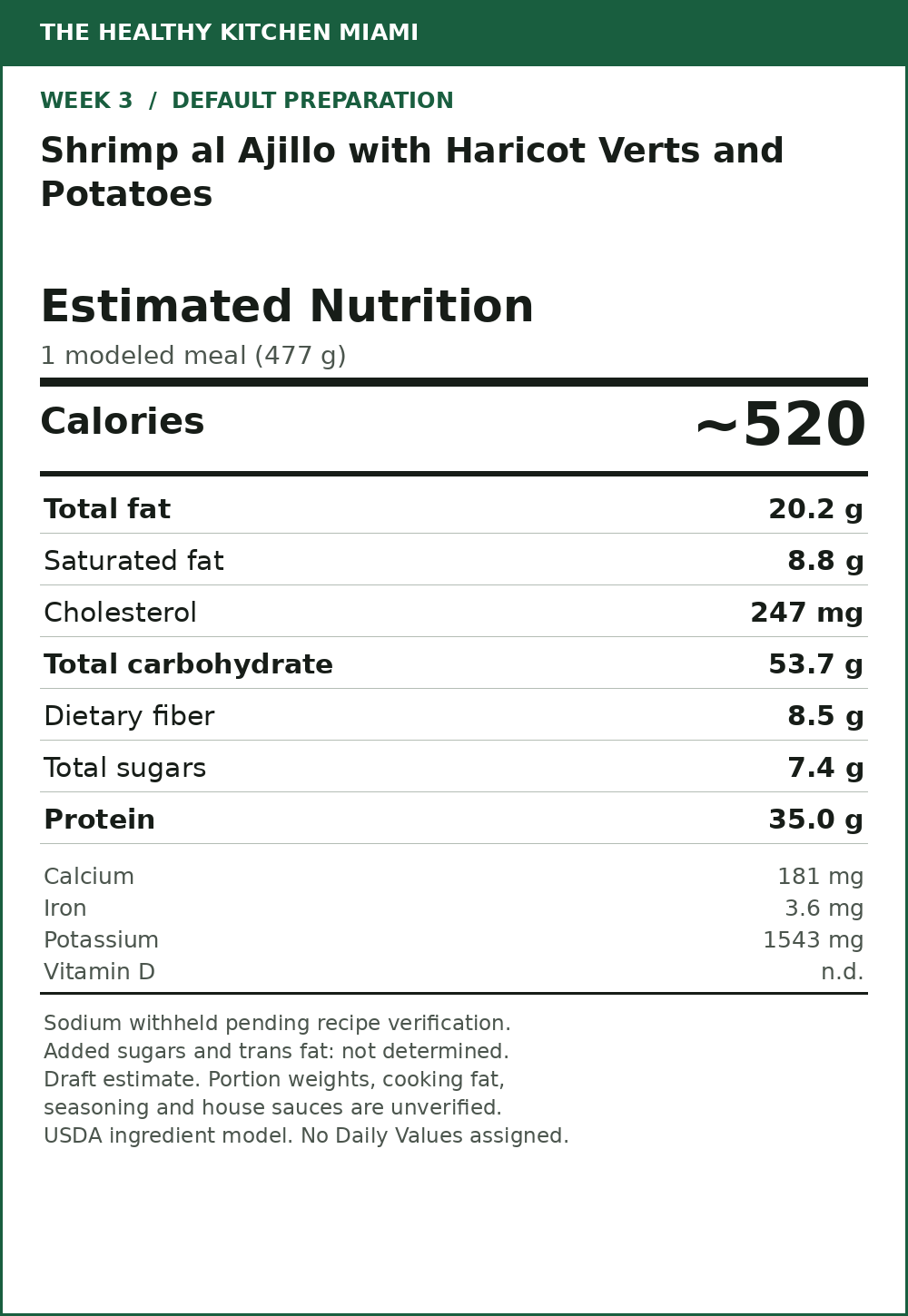 Shrimp al Ajillo with Haricot Verts and Potatoes — estimated nutrition card