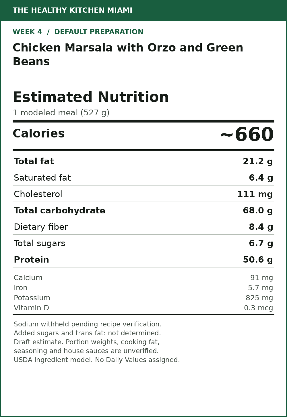 Chicken Marsala with Orzo and Green Beans — estimated nutrition card