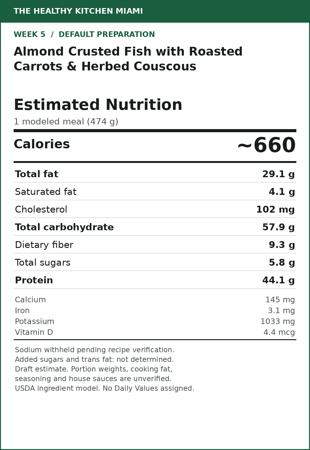 Almond Crusted Fish with Roasted Carrots & Herbed Couscous — estimated nutrition card