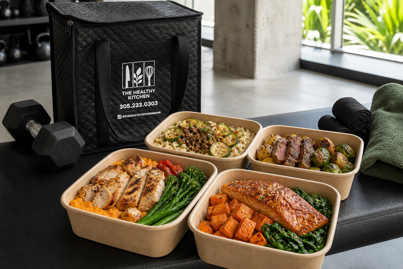 Chef-prepared Protein Plus meals with a Healthy Kitchen bag and gym equipment