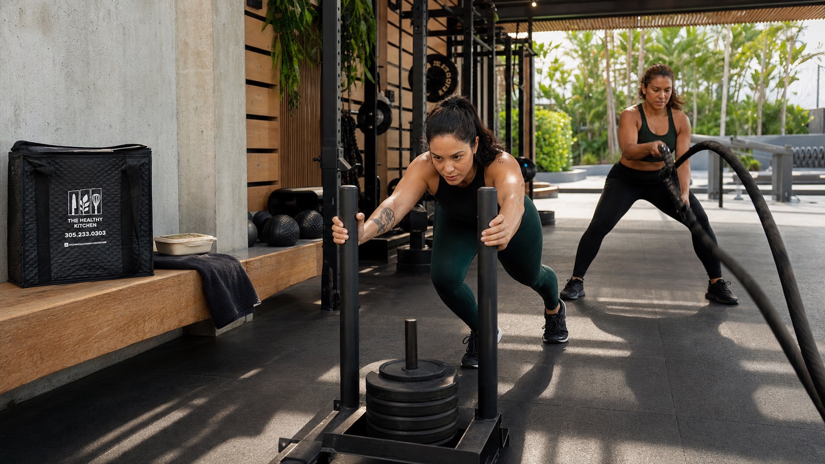 Two strong women training beside a Healthy Kitchen bag