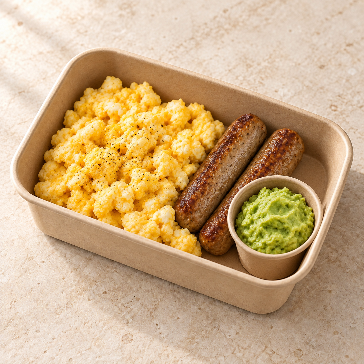 Illustrative scrambled eggs, sausage and avocado mash in an eco container