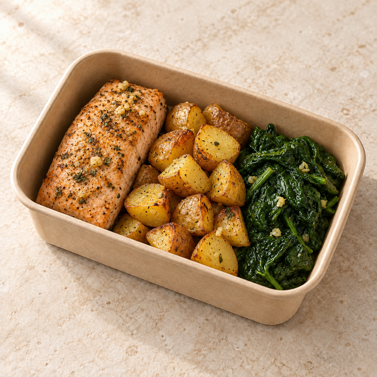 Illustrative garlic salmon with potatoes and spinach in an eco container
