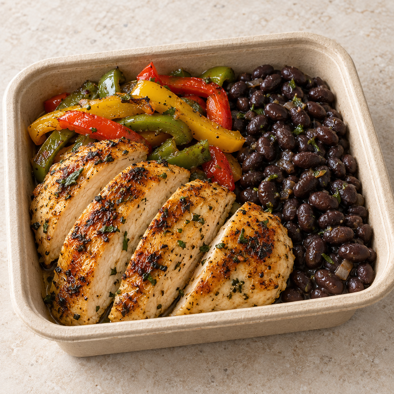 Illustrative lemon-herb chicken with seasoned black beans and peppers in an eco container