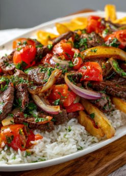 Peruvian Lomo Saltado Family Bundle platter with beef, onions, tomatoes, fries, and rice