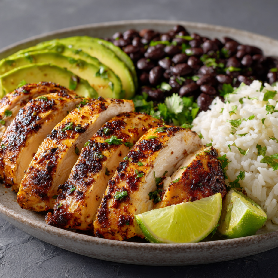 Cilantro Lime Chicken Family Bundle platter with grilled chicken, rice, beans, and avocado