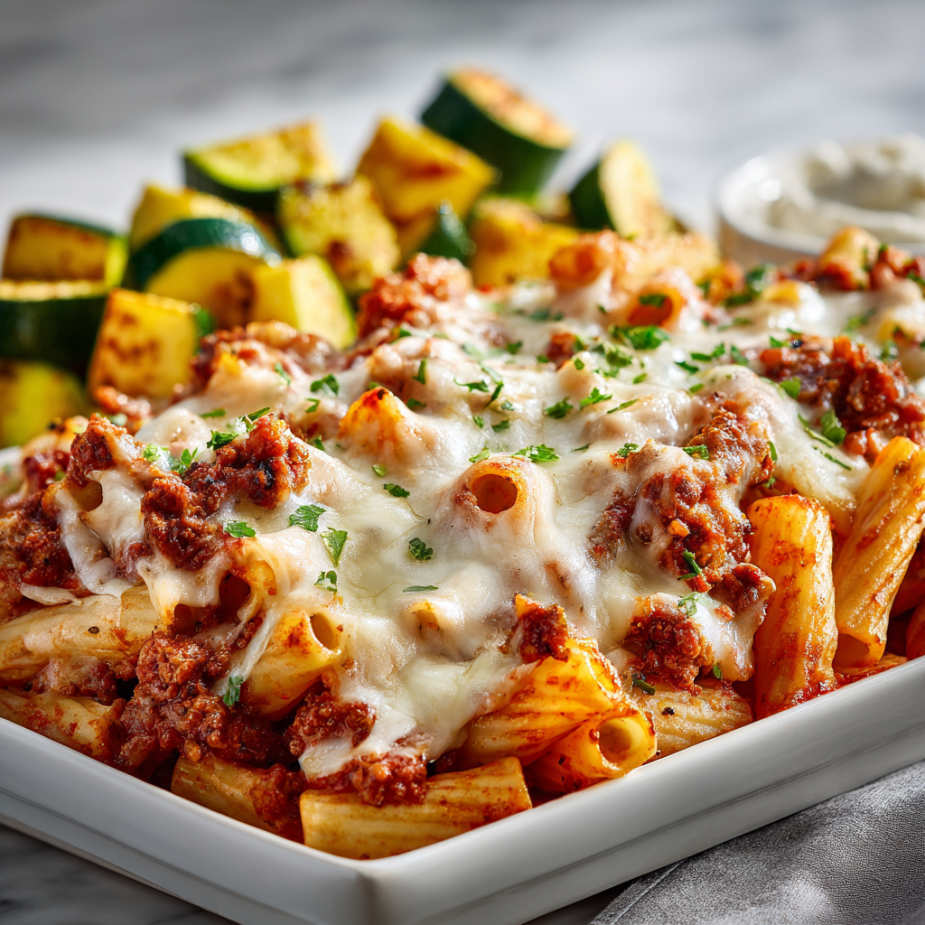 Baked Ziti Family Bundle platter with pasta, beef bolognese, cheese, and roasted zucchini