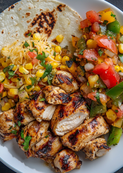 Chicken Fajita Family Bundle platter with grilled chicken, peppers, onions, pico de gallo, and avocado crema