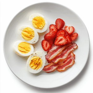 Hard Boiled Egg, Turkey bacon and strawberry