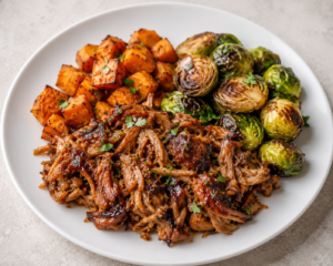 Sticky Pork Carnitas with Sweet Potatoes & Brussels Sprouts