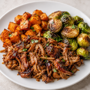 Sticky Pork Carnitas with Sweet Potatoes & Brussels Sprouts