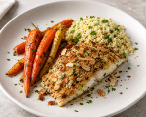 Almond Crusted Fish with Roasted Carrots & Herbed Couscous