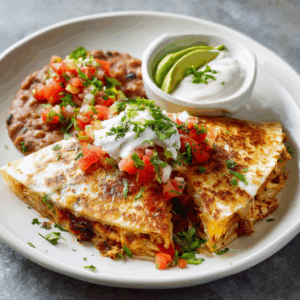 Ancho chicken quesadilla w/ avocado crema