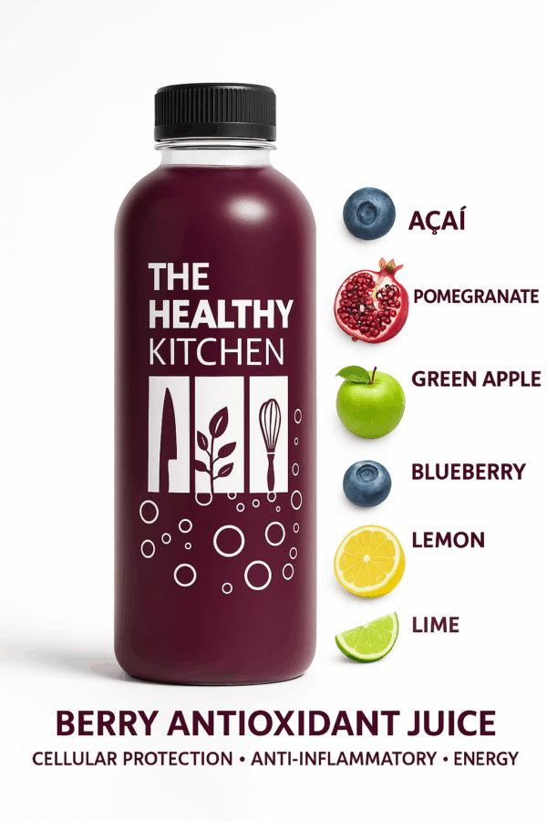 Pressed juice, acai, blueberries, pomegranate, lemon, agave, green apple