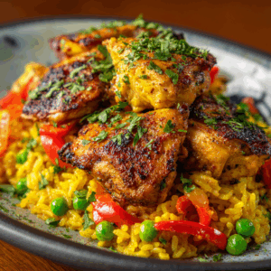 Peruvian Arroz con Pollo Family Bundle platter with cilantro rice, chicken, peppers, and peas – serves 5