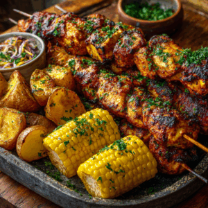 Peruvian Chicken Anticuchos Family Bundle platter with grilled chicken skewers, corn on the cob, and roasted peppers – serves 5