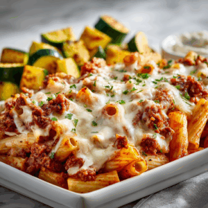 Baked Ziti Family Bundle platter with pasta, beef bolognese, cheese, and roasted zucchini