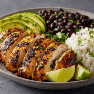 Cilantro Lime Chicken Family Bundle platter with grilled chicken, rice, beans, and avocado