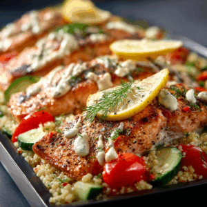 Mediterranean Salmon Family Bundle platter with salmon, couscous, cucumber salad, and tahini