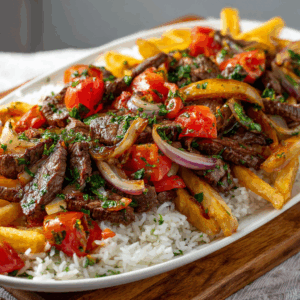 Peruvian Lomo Saltado Family Bundle platter with beef, onions, tomatoes, fries, and rice