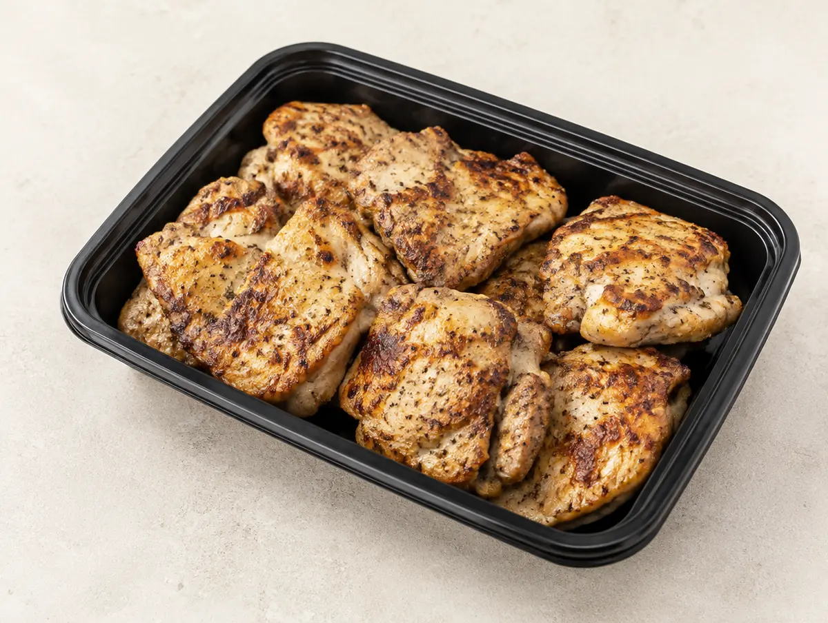 Grilled Chicken Thighs in a black meal-prep container.