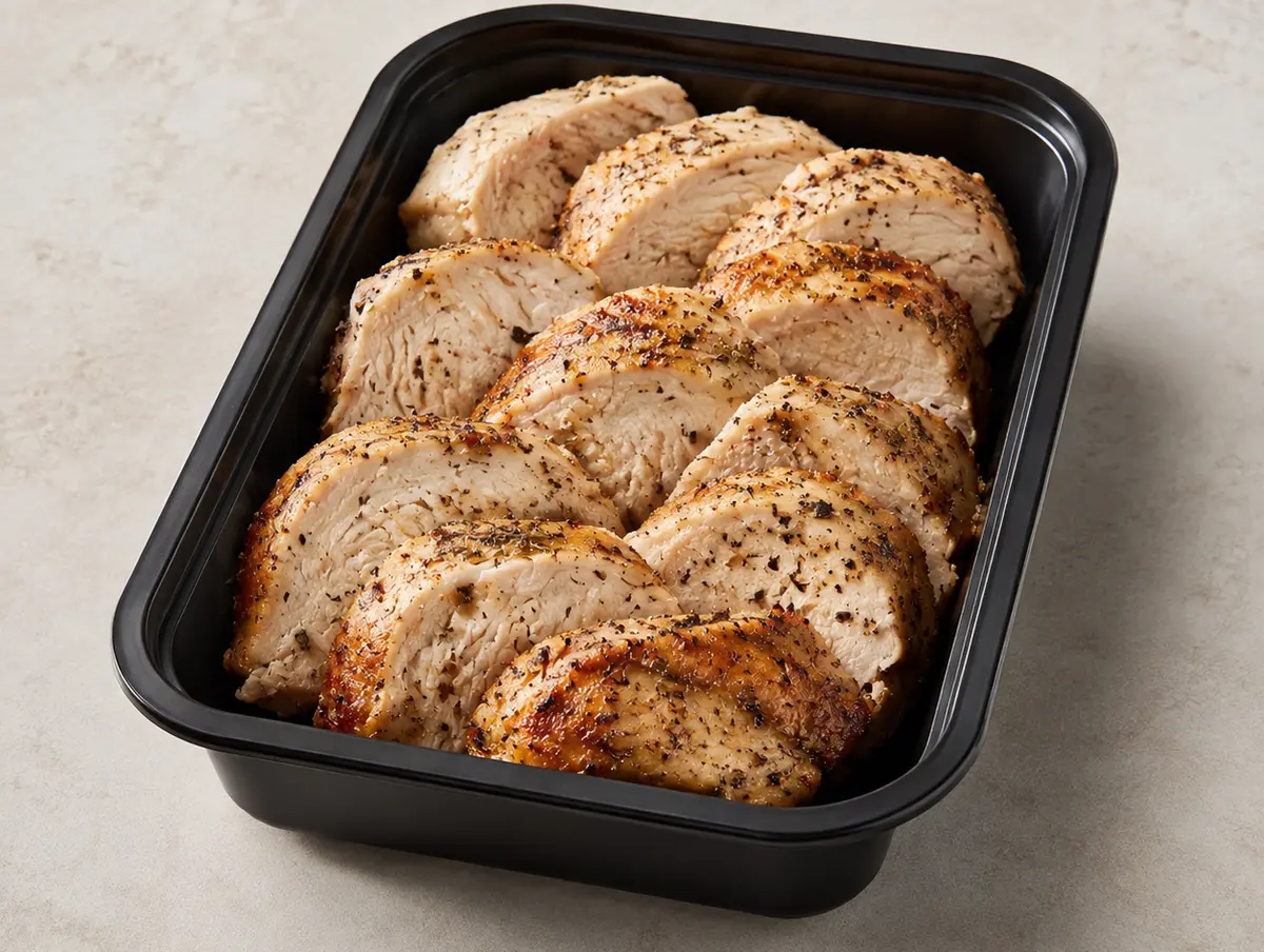 Pan Roasted Chicken Breast in a black meal-prep container.