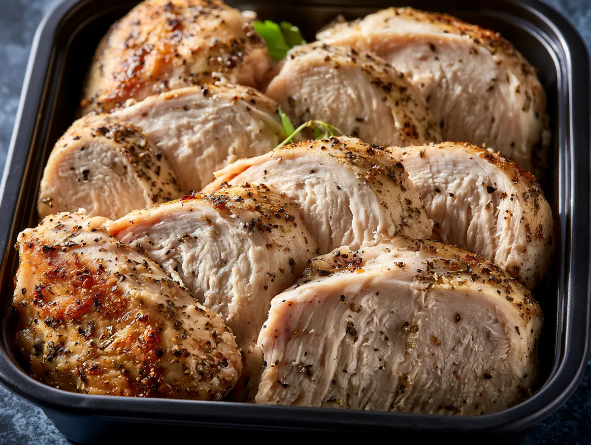 Pan Roasted Chicken Breast sold by the ounce in a black meal-prep container.