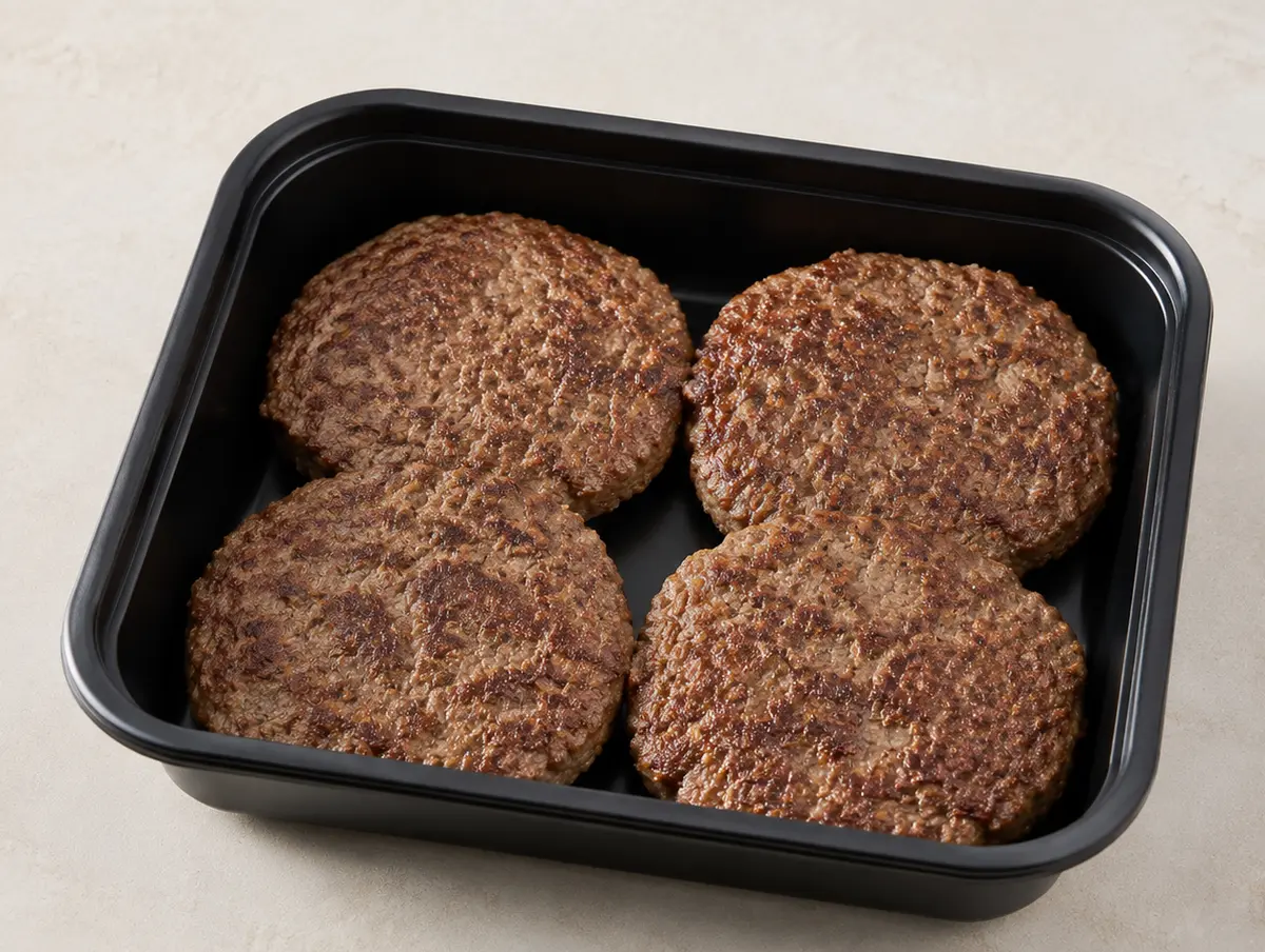 Grass-fed Beef Patties in a black meal-prep container.