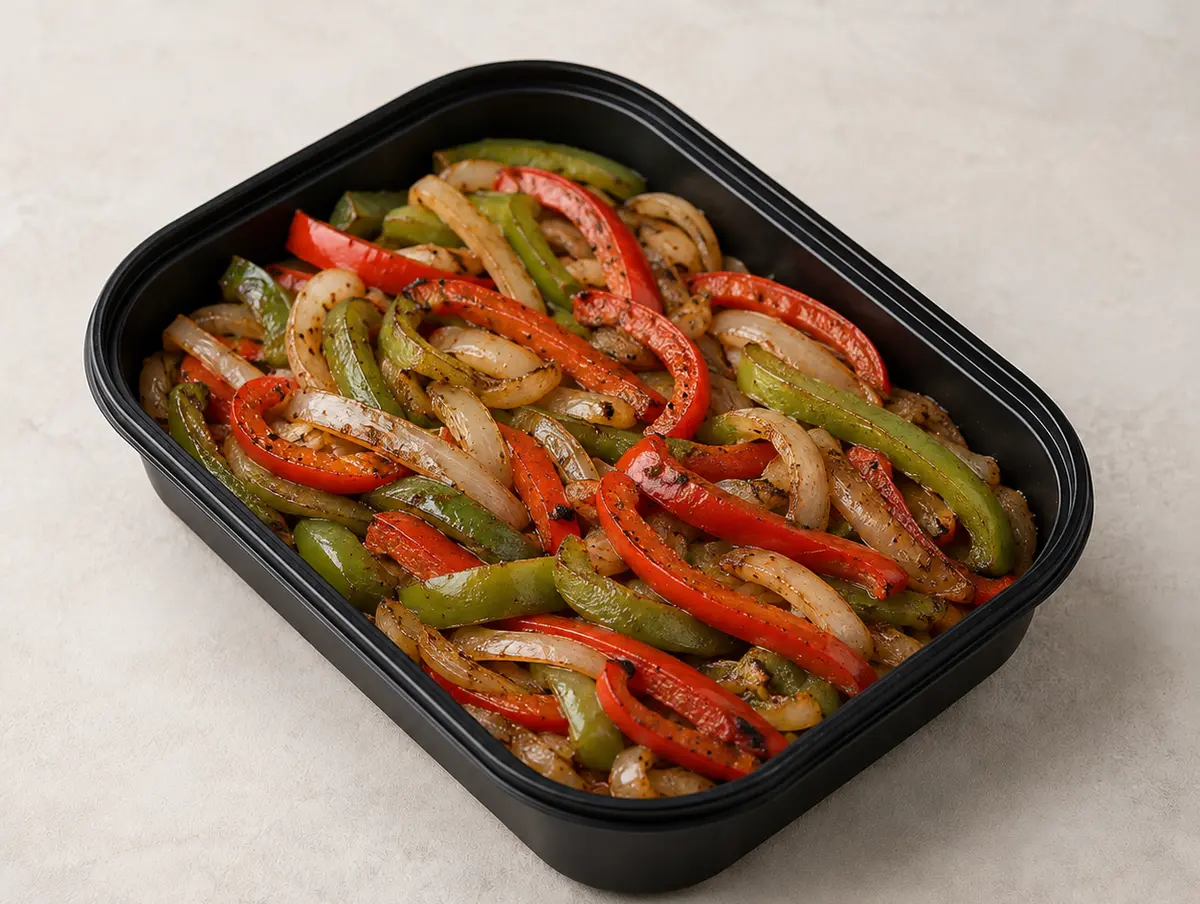 Fajita Vegetables in a black meal-prep container.