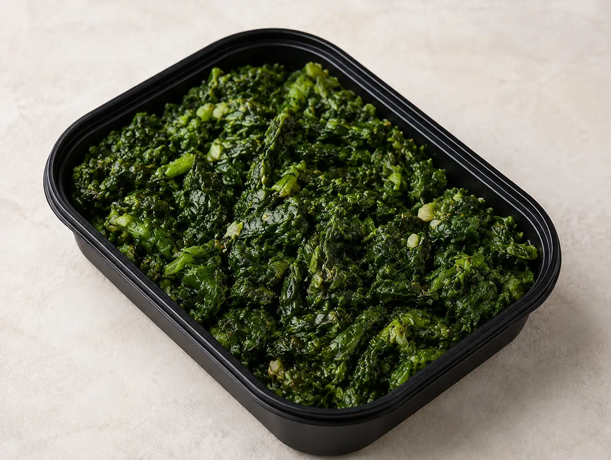 Tuscan Greens in a black meal-prep container.
