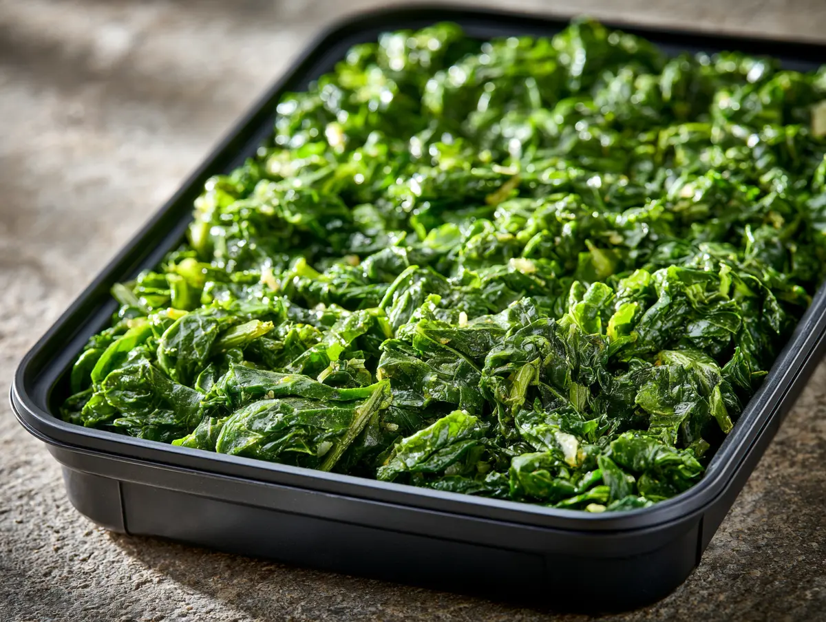Tuscan Greens sold by the ounce in a black meal-prep container.