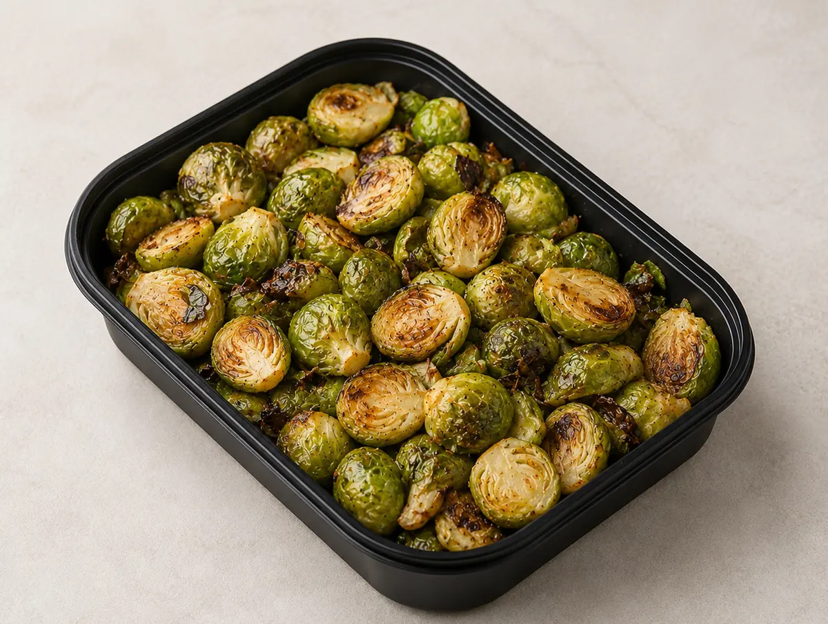Roasted Brussels Sprouts in a black meal-prep container.
