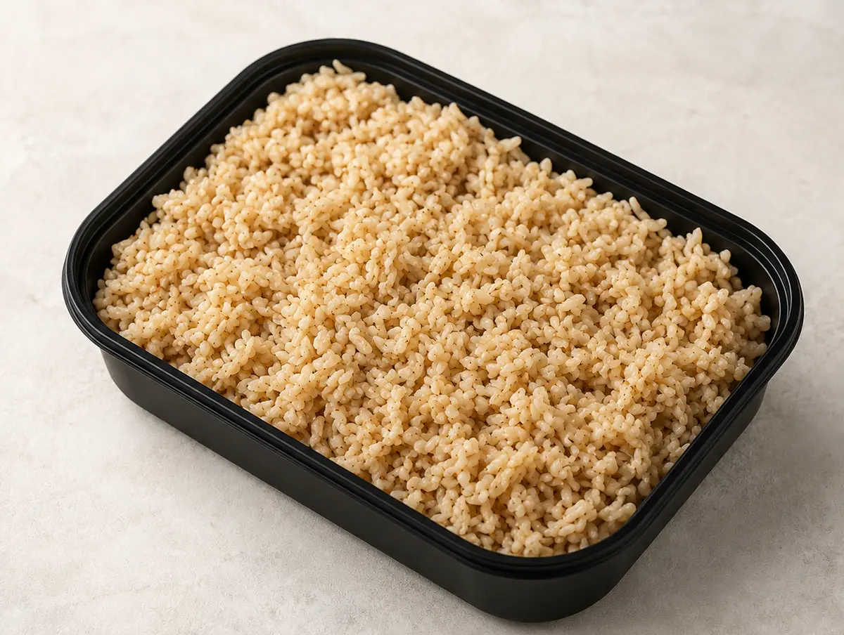 Organic Brown Rice in a black meal-prep container.