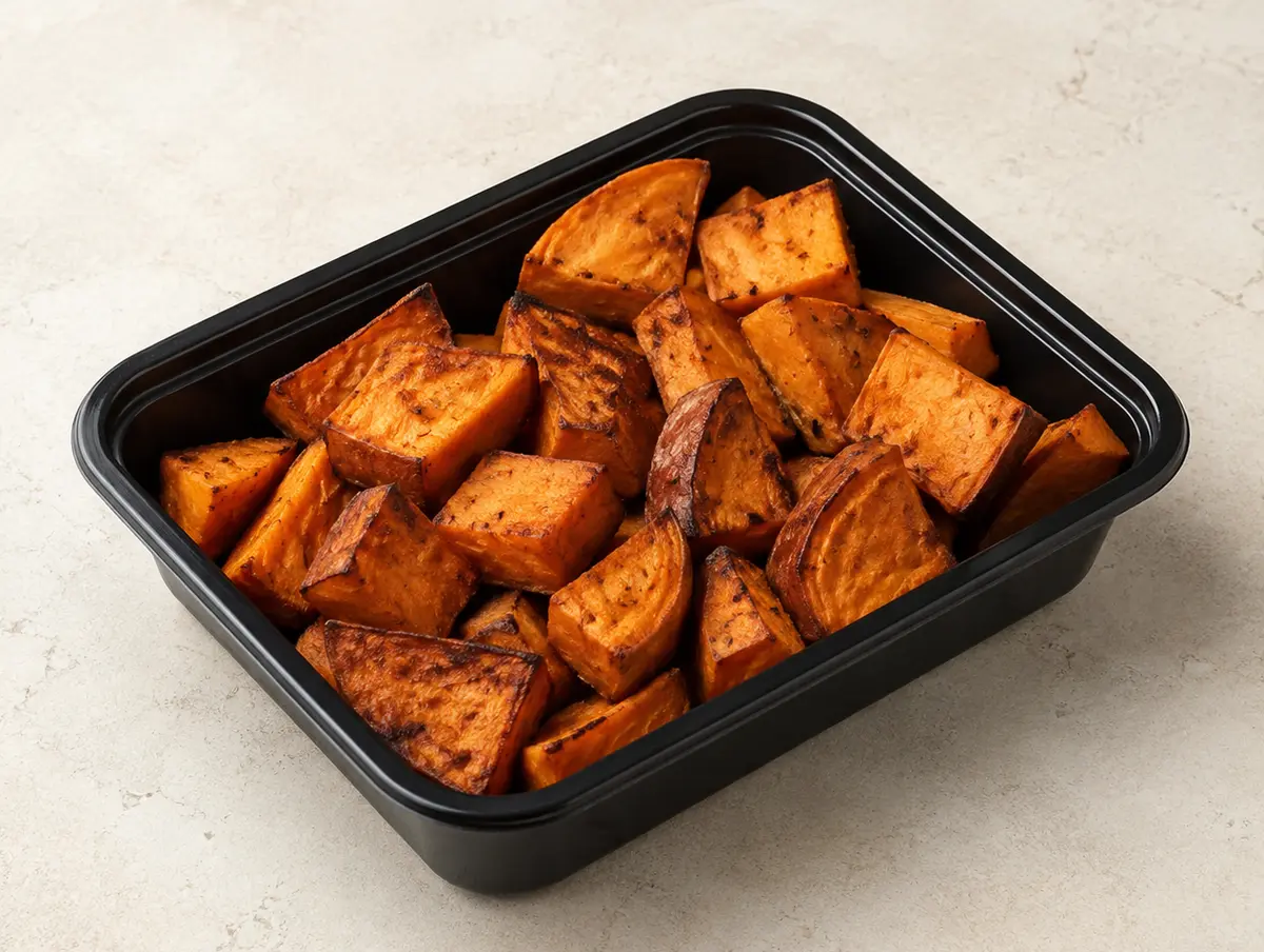 Roasted Sweet Potatoes in a black meal-prep container.