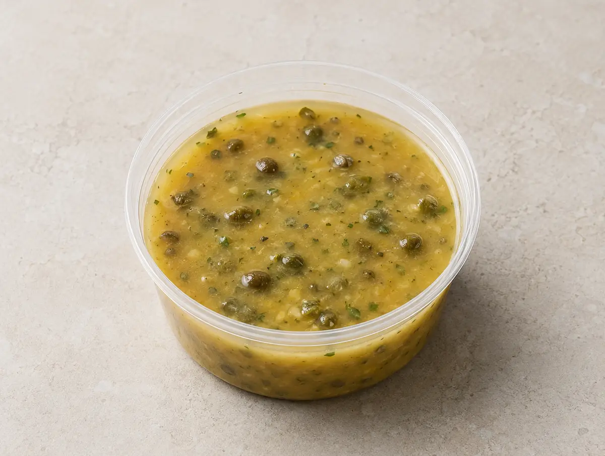 Lemon-Caper Picatta in a clear takeout sauce cup.