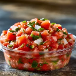 Fresh Pico de Gallo sold by the ounce in a black meal-prep container.