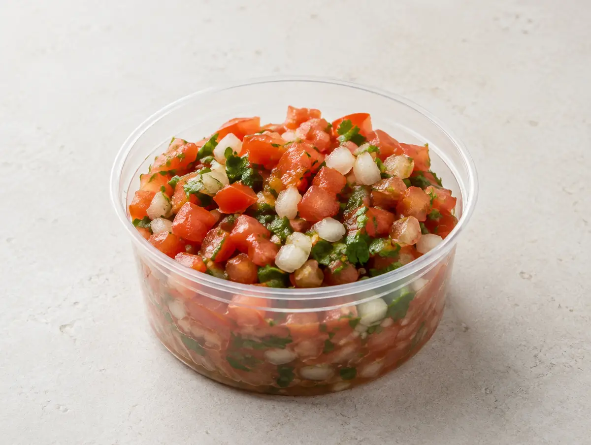 Fresh Pico de Gallo in a clear takeout sauce cup.