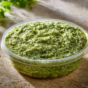 Homemade Pesto sold by the ounce in a black meal-prep container.