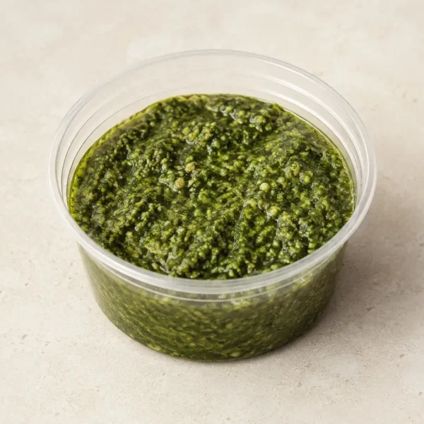Homemade Pesto in a clear takeout sauce cup.