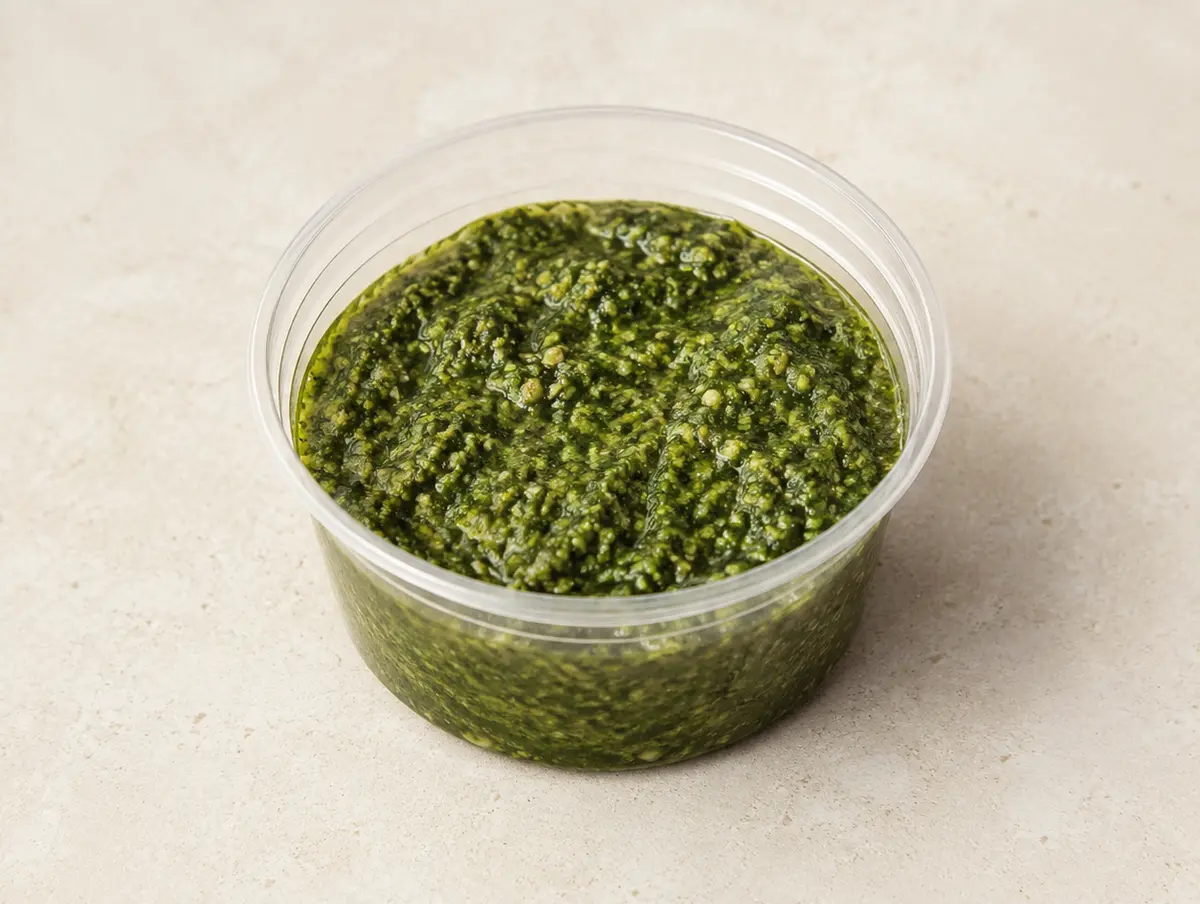 Homemade Pesto in a clear takeout sauce cup.