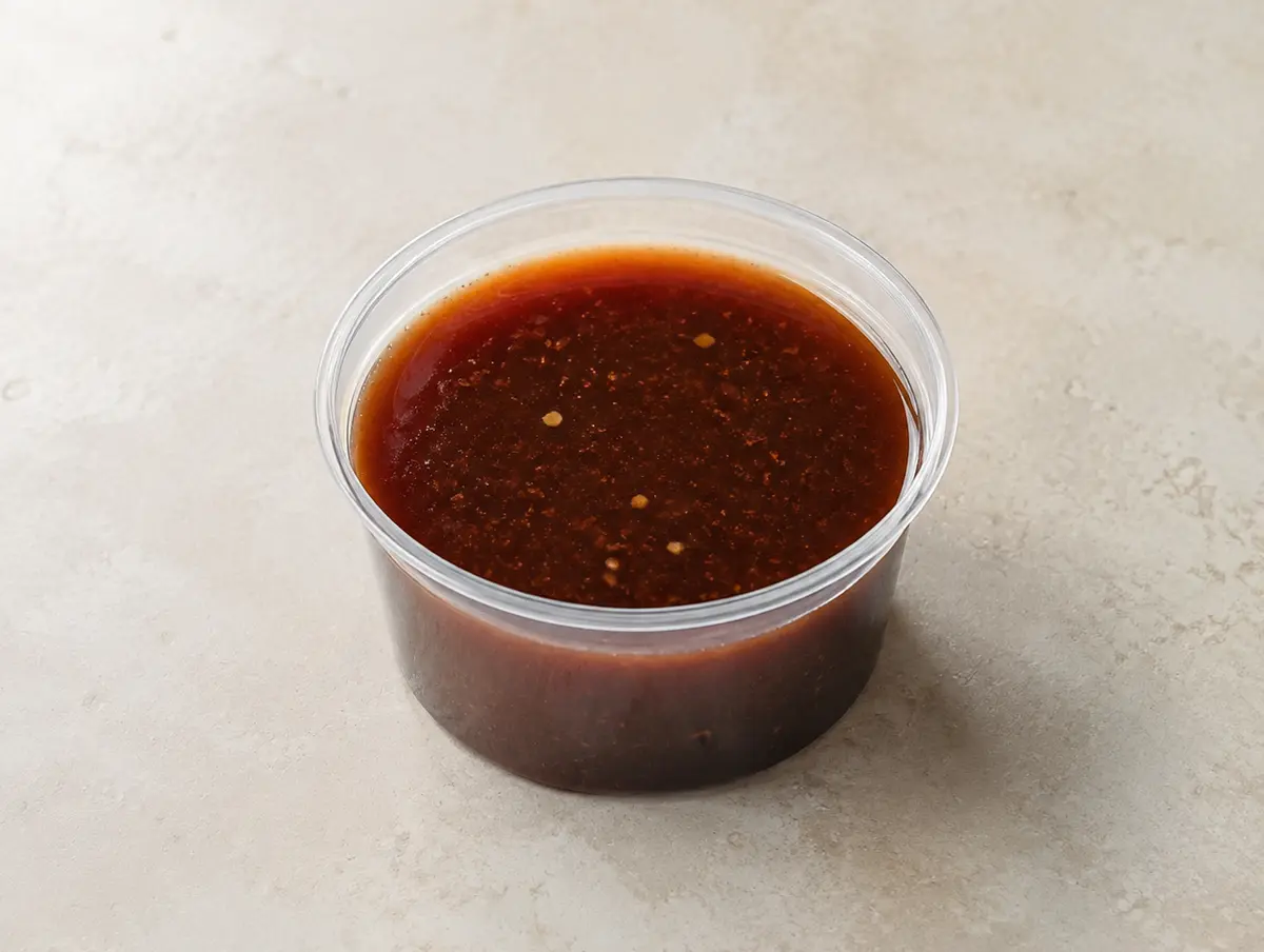 THK Mongolian Sauce in a clear takeout sauce cup.