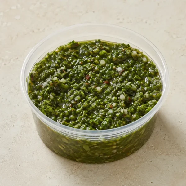 Chimichurri in a clear takeout sauce cup.