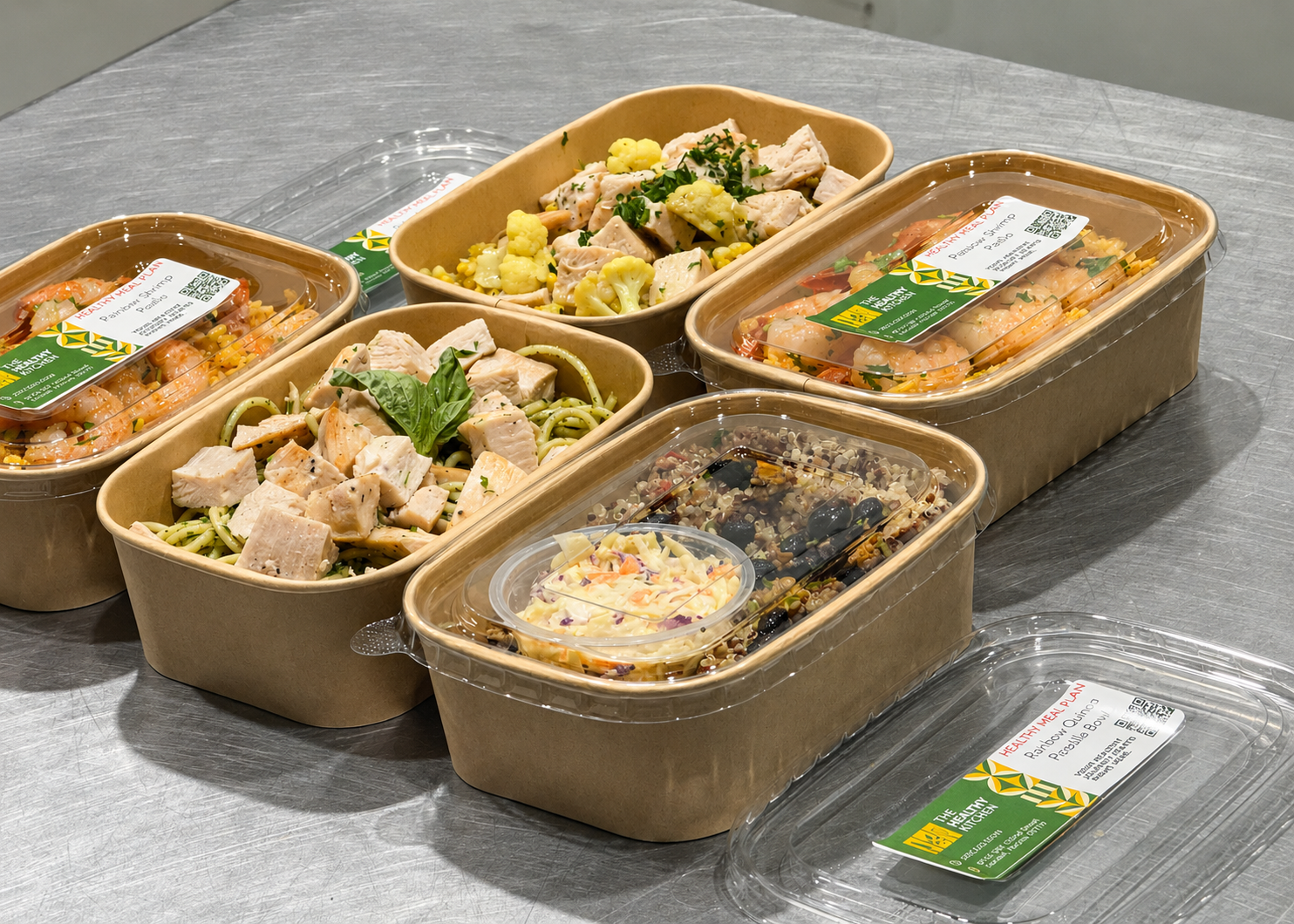 Assortment of chef-prepared meals in sugarcane-fiber containers